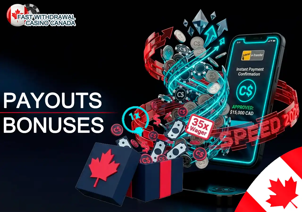 Fast payout casino welcome bonuses and low wagering requirements in Canada.